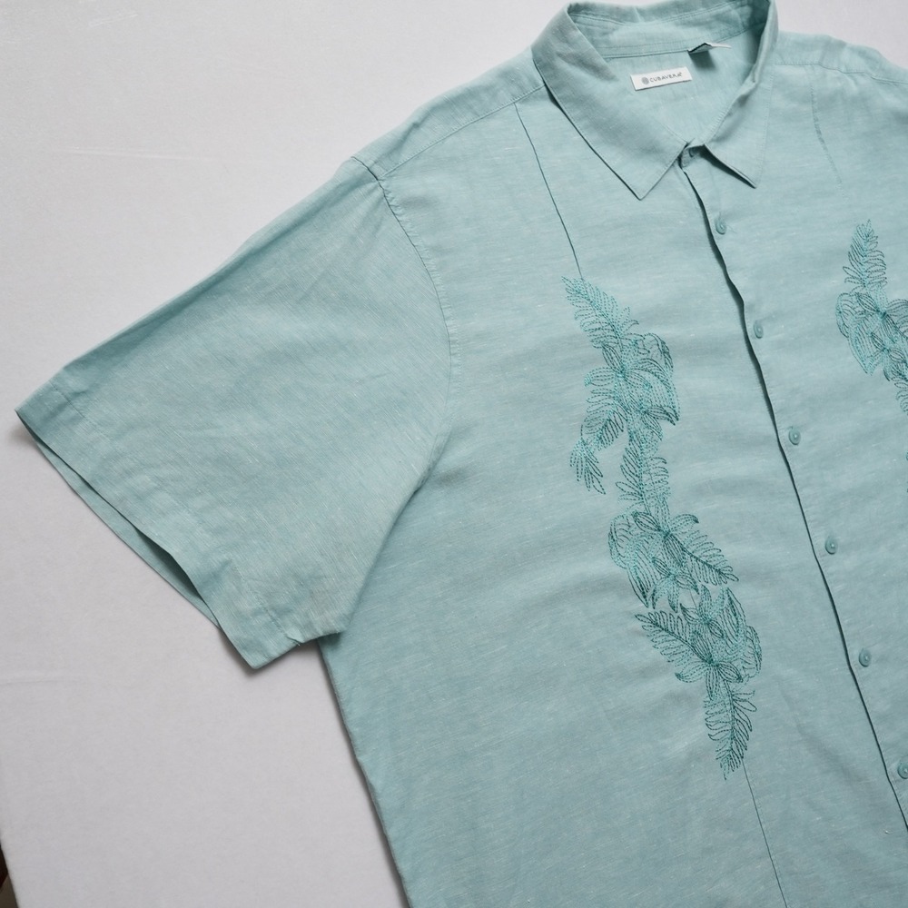 Cubavera Button Up Shirt Mens 4XLT Aqua Blue Linen Blend Embroidered Big Tall - Picture 5 of 15